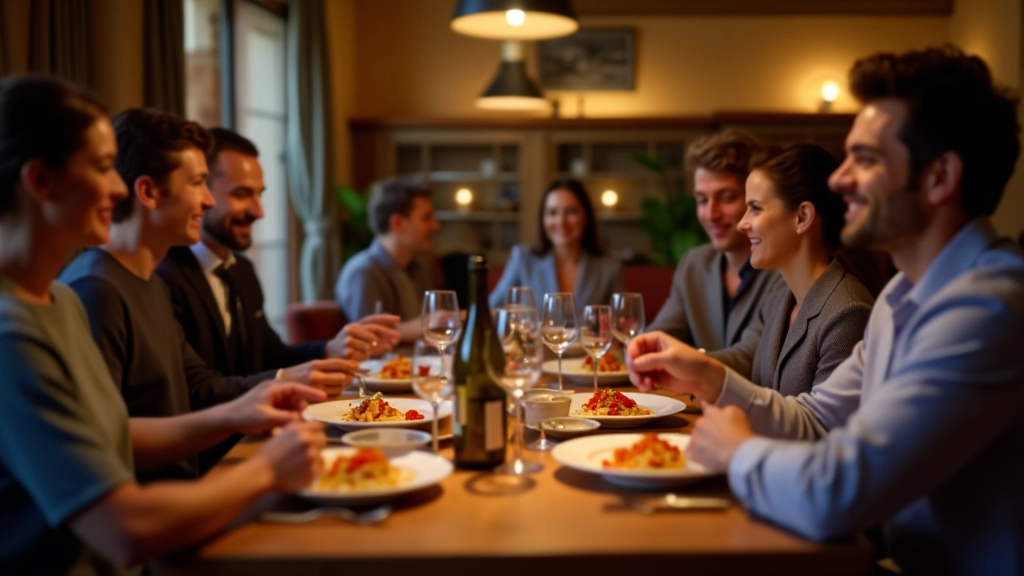 Un gruppo di persone che sorridono intorno a un tavolo da pranzo in una trattoria italiana tradizionale, con piatti di cibo e bicchieri di vino