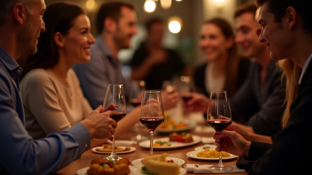Gruppo di professionisti durante un aperitivo con bicchieri e stuzzichini in un'atmosfera conviviale