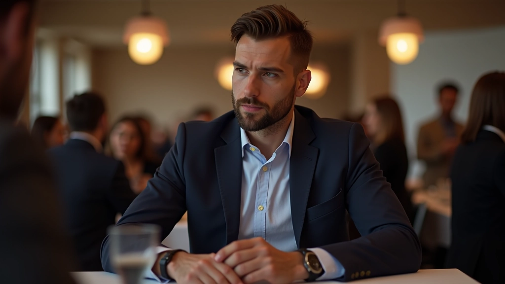 Professionista al tavolo di un evento che osserva attentamente gli altri ospiti e sorseggia una bevanda