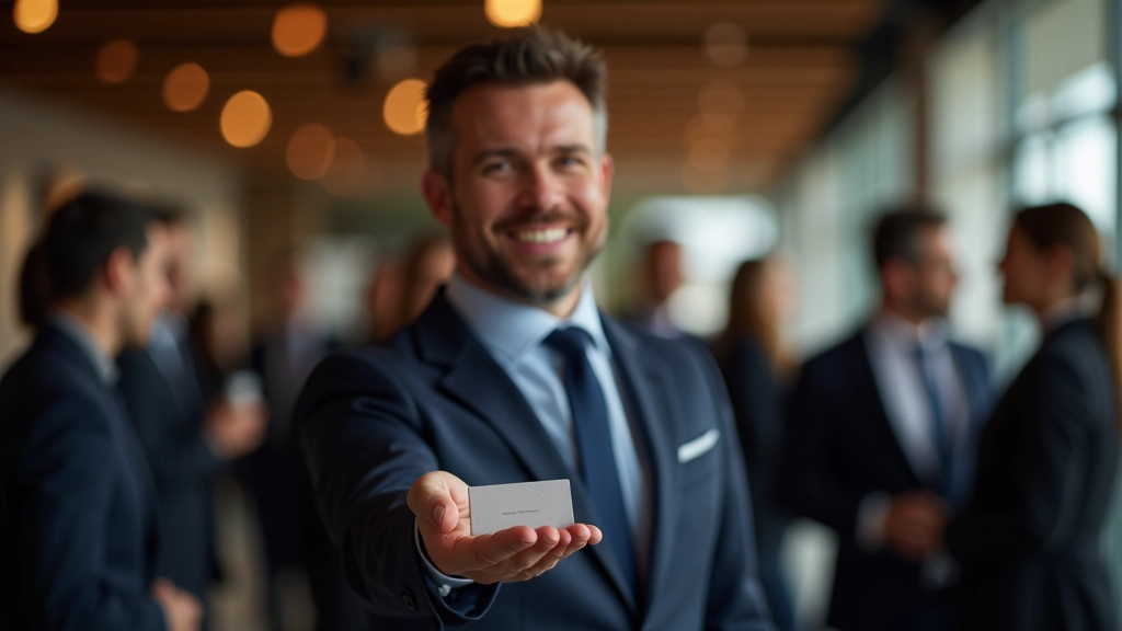 Professionista che porge il proprio biglietto da visita a un collega con gesto generoso e sorriso sincero