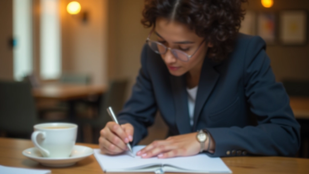 Persona che scrive un messaggio personale su una scrivania ordinata con caffè