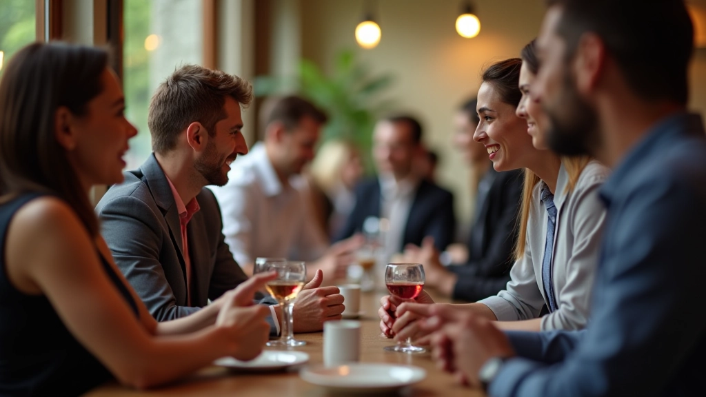 Professionisti in conversazione autentica durante un evento di comunità