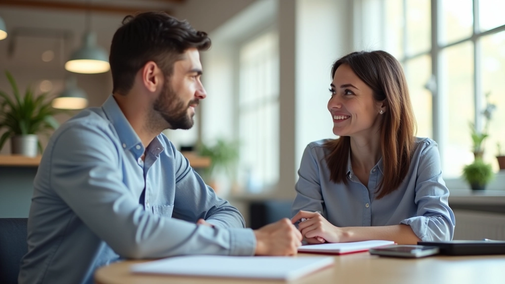 Due persone che discutono con notebook e caffè su un tavolo in uno spazio di coworking luminoso