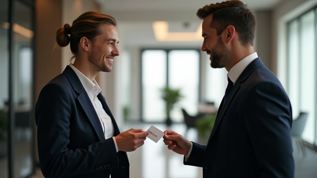 Due professionisti che si scambiano contatti con sorriso autentico dopo una conversazione significativa