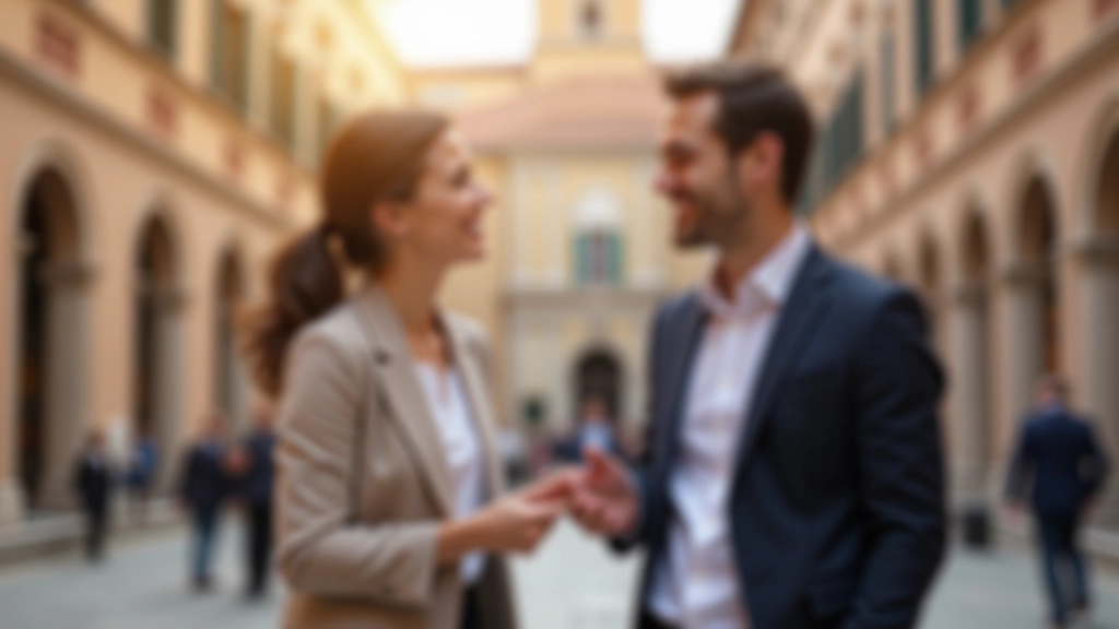 Persone che si salutano calorosamente in una piazza italiana con architettura storica sullo sfondo