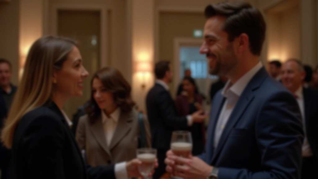 Due professionisti durante una conversazione animata con bevande in mano, sorrisi genuini e linguaggio del corpo aperto